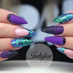 Black Nail Sets Purple Fancy Nails, Deep Purple Nail Art, Mermaid Purple Nails, Alexandrite Nails, Purple Turquoise Nails, Turquoise Nails With Glitter, Purple And Turquoise Nails, Purple Stiletto Nails Design, Purple Mermaid Nails