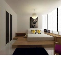 a modern bedroom with white walls and wood flooring, along with black rugs