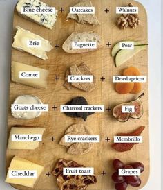 a wooden cutting board topped with different types of cheese