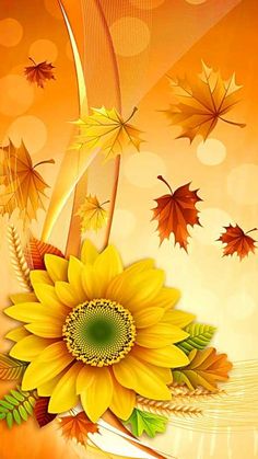 an orange background with sunflowers and leaves