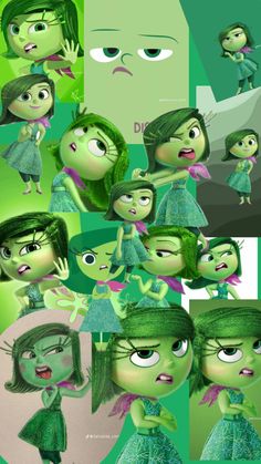 many different pictures of people with green hair and facial expressions, all in various poses