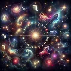 zodiac signs and astrological symbols in the night sky with stars, planets and galaxy