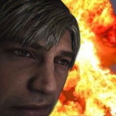 a close up of a person in front of a fireball with an evil look on his face