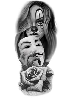 a black and white drawing of a woman with makeup on her face holding a rose