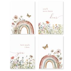 four greeting cards with flowers, butterflies and rainbows