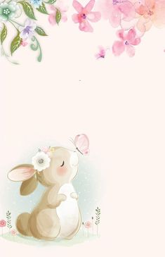 a bunny with flowers on its head sitting next to a pink flowered tree branch