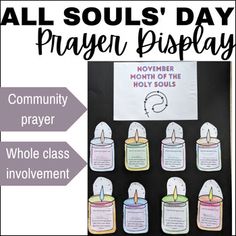 a bulletin board with candles on it that says, all soul's day prayer display