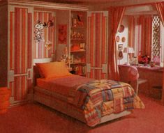 an orange and pink bedroom with striped walls