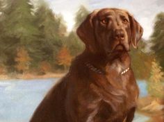 a painting of a brown dog sitting in front of a body of water with trees behind it