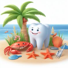 ultrarealistic white tooth under a a palm on the beach Dentist Art, Dental Office Decor, In The Beach, Dental Office, White Teeth, Cartoon Shows, A A, Digital Image