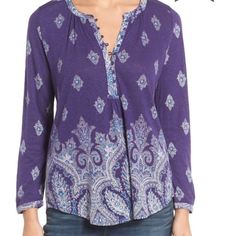 Lucky Brand Print Knit Split Neck Top The Pretty Print Of A Long-Sleeve Top Cut From A Lightweight Knit Concentrates At The Banded Neck And Curved Hem. - Front Button-Loop Closures - Split Neck - Long Sleeves With Single-Button Cuffs - Curved Hem - 55% Linen, 45% Viscose - Machine Wash Cold, Tumble Dry Low Casual Purple Knit Top, Purple Knit Tops For Layering, Casual Purple Blouse For Fall, Casual Jacquard Knit Top, Casual Jacquard Knit Top For Spring, Long Sleeve Jacquard Knit Top For Layering, Jacquard Knit Long Sleeve Top For Layering, Casual Long Sleeve Jacquard Knit Top, Jacquard Knit Top For Layering