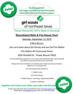 the flyer for girls scouts'night with information on how to get started and where to go