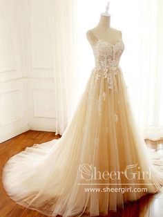 Beaded Lace Wedding Gown A-line Sweetheart Neck Wedding Dresses AWD1900-SheerGirl Sweetheart Neck Wedding Dress, Wedding Dress Spaghetti Straps, Wedding Gown A Line, Sweep Train Wedding Dress, Lace Wedding Dress With Sleeves, Wedding Dress Champagne, Dress Spaghetti Straps, Boho Wedding Dress Lace, Applique Wedding Dress