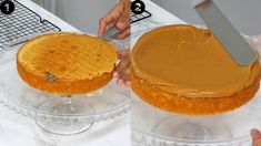 two cakes with frosting being cut on top of each other and someone is using a knife to cut the cake