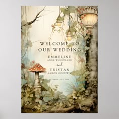 a welcome card for a wedding with mushrooms and flowers in the forest, on a white background