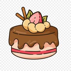 a cartoon cake with chocolate icing and fruit on top, transparent background png