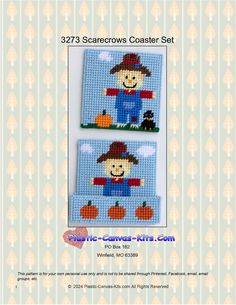 two cross stitch pumpkins with a little boy in the center and an orange hat on top