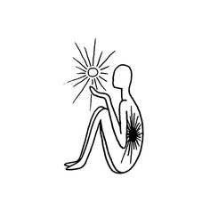 a black and white drawing of a person sitting on the ground holding a sunburst