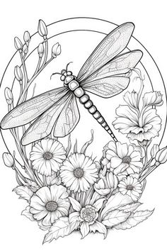 a black and white drawing of a dragonfly sitting on top of flowers in a circle