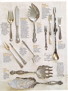 an image of silverware and spoons displayed on a linen napkin with information about them