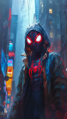 a spider - man standing in the middle of a city at night with his eyes glowing