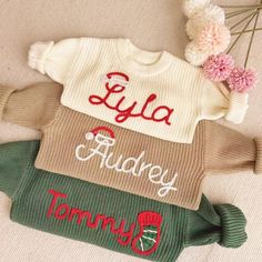 Customized Hand Embroideried Children's Name Christmas Sweaters Looking for a unique and personalized gift for your little one? Look no further than our custom-made children's name sweaters. These sweaters are crafted with the utmost care and attention to detail. Made from soft and comfortable  Cotton yarn, they are perfect for keeping your child warm and cozy on chilly days. What makes our sweaters truly special is the name embroidery. You can choose your child's name or any other word that hol Kids Sweater Crochet, Name Sweater Baby, Crochet Name, Baby Name Sweater, Baby Christmas Sweater, Name Sweater, Cotton Sweaters, Sweater Ideas, Baby Boy Clothing