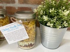 there is a jar with pasta in it next to a potted plant on the table