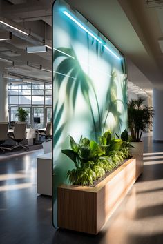 an office with plants on the wall