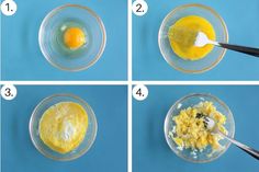 four pictures showing how to make an egg mixture in a glass bowl with a spoon