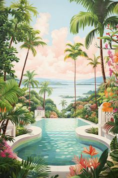 a painting of a tropical pool surrounded by palm trees and other plants with the ocean in the background