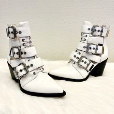 New! Jeffrey Campbell White Caceres Leather Buckle Bootie Leather Lining 3-Buckles W/ Back Quick Zip 3.5” Heel Silver Hardware Black Soles Western || Moto || Ankle Booties Nwt! Size 8 No Box Spring Punk Style Ankle Moto Boots, Punk Style Ankle Moto Boots For Spring, Punk Spring Ankle Boots, Trendy Pointed Toe Heeled Boots With Buckle Closure, Spring Pointed Toe Boots With Buckle Closure, Punk High-top Moto Boots For Spring, Punk Style High-top Moto Boots For Spring, Trendy High Ankle Moto Boots For Spring, Spring Punk Leather Moto Boots