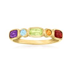 Ross-Simons - .86 ct. t. w. Multi-Gemstone Ring in 14kt Yellow Gold. Size 9. Seeing a rainbow can make anyone's day, so wear one with you all the time to spread cheer! This beautiful ring presents .86 ct. tot. gem wt. round or rectangular cushion-cut garnet, citrine, peridot, sky blue topaz and amethyst. Set in 14kt yellow gold. 1/8" wide. Multi-gemstone ring. Garnet birthstones are the perfect gift for January birthdays. Garnet Birthstone, Amethyst Set, Multi Gemstone Ring, Engagement Style, Yellow Gold Jewelry, Big Rings, Sky Blue Topaz, Peridot Ring, Rings Cool