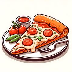 a piece of pizza on a plate with tomato sauce and hotdogs next to it