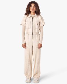 model wearing acid wash stone coveralls with zipper front, short sleeves, patch front pockets and front seam down the legs Coverall Outfit Women, Mechanic Overalls, Dickies Women, Utility Pockets, Duck Canvas, Clothing Company, Jumpsuits For Women, Dress Skirt, Work Wear