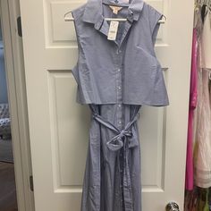 Nwt- Light Weight Blue Striped Button Up Dress That Comes To Knee Length With A Waist Tie And Collared Top. Sleeveless Cotton Shirt Dress With Buttons, Blue Sleeveless Shirt Dress For Day Out, Blue Sleeveless Cotton Shirt Dress, Ponte Knit Dress, Fleece Plaid, Nautical Dress, Grey Midi Dress, Collared Top, Maroon Dress