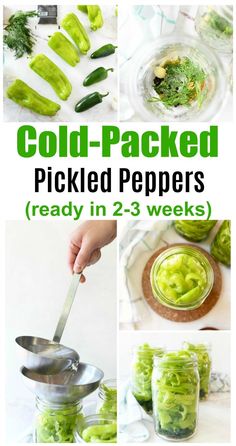 pickled peppers in mason jars with text overlay that reads cold - packed pickled peppers ready in 2 - 3 weeks