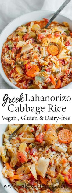 two plates with different types of food on them and the words greek lahananozo cabbage rice vegan, gluen & dairy - free