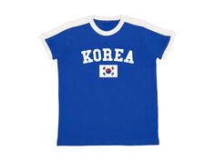 Korea Jersey Baby Tee  Blue or red ringer t-shirt with white contrast collar, arched Korea graphic, and Korean flag. Blokette and soccer inspired jersey shirt.  Available in sizes small, medium, and large Measurements (in inches): Small- Width: 16 Length: 21.5 Medium- Width: 18 Length: 23 Large- Width: 19 Length: 25 Care Instructions: * Do not dry clean * Wash and dry inside out * Hang dry (preferred) or machine dry on a delicate setting * Use cold water * Use mild detergent * Do not bleach #southkorea #custom #blokecore #handmade #star White College T-shirt With Three Stripes, White T-shirt With Three Stripes, Team-colored Three Stripes T-shirt For Sports Events, Team-colored Three-stripes T-shirt For Sports Events, Team Spirit Short Sleeve Tops With Three Stripes, Retro White T-shirt With Team Name, Blue Retro T-shirt For Sports Events, Retro Blue T-shirt For Sports Events, Red Retro T-shirt For Sports Events