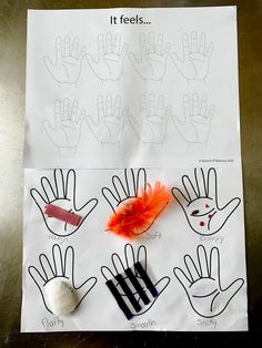 a piece of paper with handprints and an orange feather