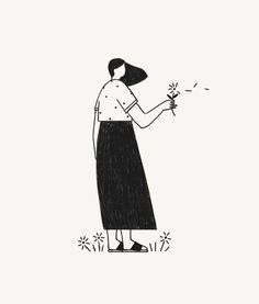 a drawing of a woman holding flowers in her hand