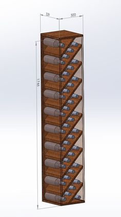 a tall wooden wine rack with several bottles on it's sides and measurements for each shelf