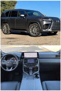 the inside and outside view of a car with its dashboard, steering wheel and dash board