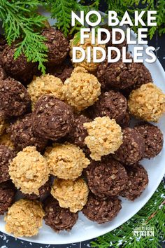 no bake fiddles on a white plate surrounded by greenery and pine branches