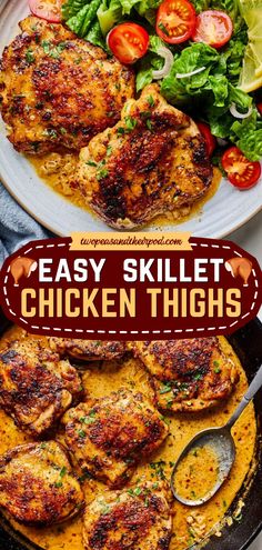 Out of weeknight dinner ideas? This Easy Skillet Chicken Thigh recipe with a simple garlic cream sauce is ready in less than 30 minutes! This easy chicken dish is always a family favorite. Save this pin for later! Chicken Thigh Ideas Easy Dinners, Chicken Thigh Pasta Recipes Easy, Kid Friendly Chicken Thigh Recipes, Saute Chicken Recipes Simple, Chicken Thigh Recipes Comfort Food, Chicken Thighs In Skillet, Chicken Thigh Skillet Recipes, Easy Chicken Thigh Recipes Quick, Summer Chicken Thigh Recipes