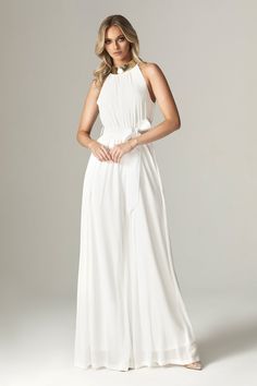 Feminine, floaty and perfect for Spring. Cut from breezy georgette chiffon for a fresh feel in elegant ivory, 'Fadia’ has a wide belt to cinch the waist . The classic halter shape silhouette and accentuates the figure whilst prioritizing luxurious comfort. and we love how the pleated waist falls to a flared long hem for feminine flair.It's fully lined for comfort and zips up the back for easy on. Wear yours with delicate accessories like our 'Adrien' necklace.WHERE TO WEAR:Pretty date nights, bo