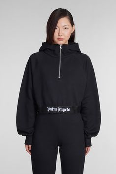 Sweatshirt in black cotton, hood, front zip closure, long sleeves, logo band, ribbed cuffs and bottom, 100% cotton, Made in Italy, Model is 180 cm and wears M | Palm Angels Women's Sweatshirt in Black Cotton | FW23/24 Baddie Outfits Casual, Palm Angels, Outfits Casual, Baddie Outfits, Black Cotton, Sweatshirts Women, Casual Outfits, In Italy, Italy