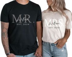 PRICES MAY VARY. Our Mr and Mrs shirts for couples set is designed with a stylish and fashion forward way to show their love to the whole world. If you’re looking for a gift that will put a smile of your wife, husbands or parents then you’ve found it! These personalized cute couple t-shirts are perfect for occasions such as a wedding, engagement, honeymoon Custom Orders: We are happy to work with customized orders! If you have a design in mind, or if you want to add a hashtag or text on the fron Couples Anniversary Shirt Ideas, Hubby And Wifey Shirts, Bride Tee Shirts, 21st Wedding Anniversary