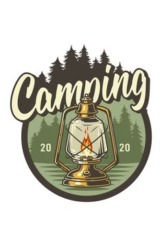 a camping logo with a lantern and trees in the background