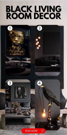 the black living room decor is featured in this advert for an article on how to decorate