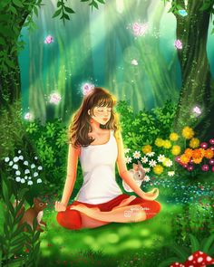 a woman sitting in the middle of a forest surrounded by flowers and trees, with a cat